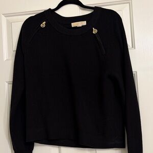 Michael Kors Black Knit Sweater with Gold MK Zipper Accents large